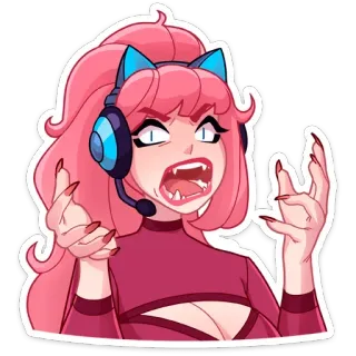 😡 贴纸, 动漫, 卡通, 猫耳, 粉色头发, 耳机 whatsapp sticker