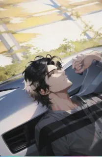 🙃 man, laying, car, anime style, illustration telegram sticker