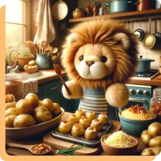 👄 lew, kuchnia, gotowanie, ziemniaki, słodkie, jedzenie, pluszak, maskotka whatsapp sticker