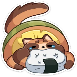 🍙 Tanuki, Perro mapache, Onigiri, Bola de arroz, Comida, Lindo, Animal whatsapp sticker