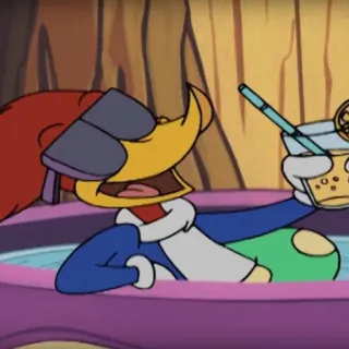 🍹 Woody Woodpecker cartone animato, uccello, piscina, relax, occhiali da sole, bevanda telegram sticker