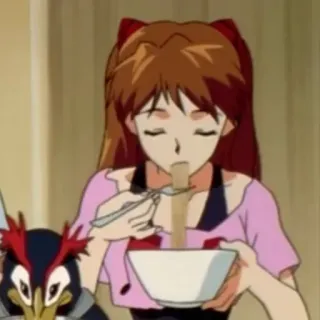❤️ Asuka Neon Genesis Evangelion anime, eating, girl, noodles, character telegram sticker