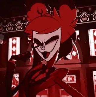 🧨 Alastor Hazbin Hotel demone, conduttore radiofonico, sorridente, cartone animato, rosso telegram sticker