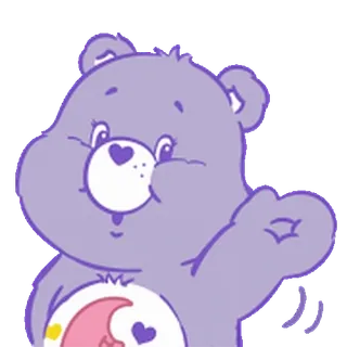 😊 Care Bear アニメ, クマ, 可愛い, 手を振る, 挨拶, 紫, フレンドリー, ハート whatsapp sticker