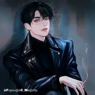 🚬 @Fushigur0_Megumi Anime, Personaje, Fumando, Chaqueta de cuero, Arte digital, Arte, Ilustración whatsapp sticker
