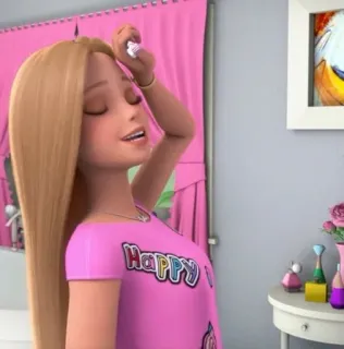 💛 Happy Day hoạt hình, Barbie, nụ cười, màu hồng, tóc telegram sticker