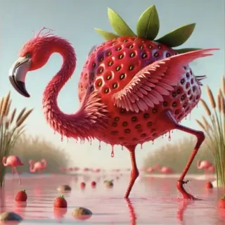 🤩 fragola, fenicottero, uccello, frutta, ibrido, arte, fantasia, bizzarro telegram sticker