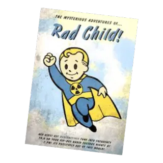 ☢️ THE MYSTERIOUS ADVENTURES OF... Rad Child! HEY KIDS! GET RADIOACTIVE! TUNE INTO FREQUENCY 79.6 ON YOUR PIP-BOY RADIO TUESDAY NIGHTS AT 7 PM! ITS POSITIVELY OUT OF THIS WORLD! fallout, radchild, nuclear, comic, retro, vintage telegram sticker