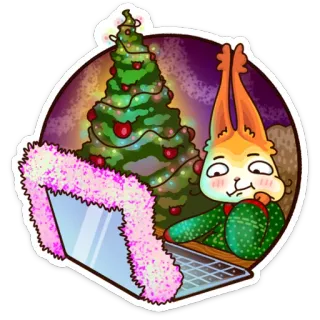 ☹️ écureuil, sapin de Noël, ordinateur portable, fête, festif, dessin animé whatsapp sticker