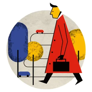 🚶 marche, affaires, homme, manteau rouge, moderne, minimaliste, géométrique whatsapp sticker