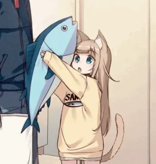 😲 Аниме, Кошкодевочка, Рыба, Милый, Иллюстрация, Цифровое искусство telegram sticker