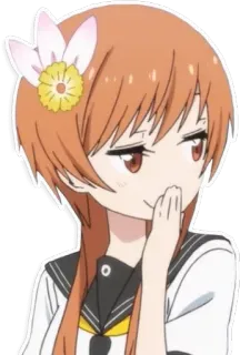 😏 anime, ragazza, cartone animato, personaggio, fiore, sorrisetto, uniforme scolastica, capelli arancioni telegram sticker