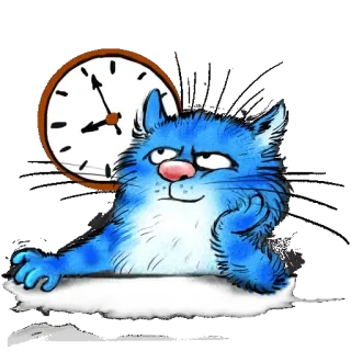 🕓 cat, clock, cartoon, bored, waiting, blue cat, whimsical, lazy telegram sticker
