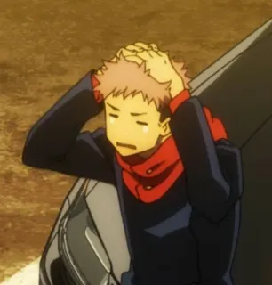 😭 Yuji Itadori Jujutsu Kaisen Anime, Cartone animato, Triste, Frustrato, Personaggio, Sciarpa rossa, Capelli rosa telegram sticker