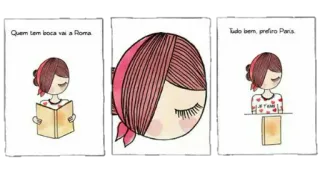 😌 Quem tem boca vai a Roma. Tudo bem, prefiro Paris. viaggio, Parigi, Roma, preferenza, cartone animato, libro, ragazza telegram sticker