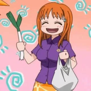 🍁 Anime, Cartone animato, Felice, Shopping, Capelli arancioni, Donna, Porri, Borsa della spesa telegram sticker