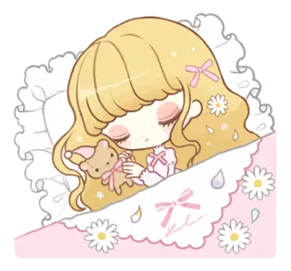 😴 睡觉, 可爱, 女孩, 泰迪熊, 梦, 床, 卡通 telegram sticker