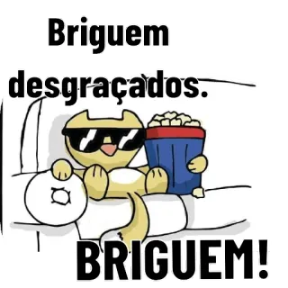 🍿 Briguem desgracados. BRIGUEM! Desenho animado, Gato, Pipoca, Óculos de sol, Ofensivo, Insulto whatsapp sticker