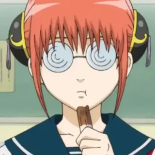 💈 Kagura Gintama anime, dibujos animados, chica, gafas, comiendo, chocolate, Kagura, Gintama telegram sticker