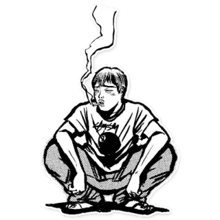 😑 Fumando, En cuclillas, Personaje, Cigarrillo, Estilo manga whatsapp sticker