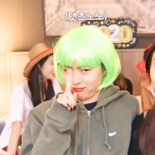 ✊ 댓츠노노 woman, person, green wig, hoodie, korean telegram sticker