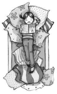 😴 girl, reading, bed, pillows, cozy, book, child, sleepy telegram sticker