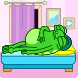 😟 rã, dormindo, desenho animado, cama, preguiçoso, verde telegram sticker
