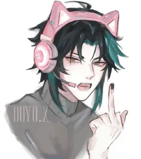 🤬 Xiao Genshin Impact anime, middle finger, Xiao, Genshin Impact, cat headphones, gaming, offensive gesture, character art telegram sticker