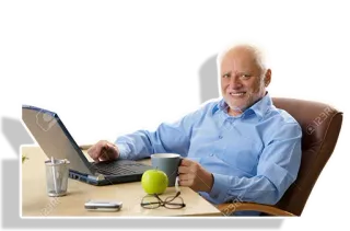 😅 Hide the Pain Harold интернет мем, сток фото, Гарольд, старик, улыбка, ноутбук telegram sticker