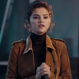 👜 Selena Gomez actriz, cantante, celebridad, retrato, chaqueta marrón, mujer telegram sticker