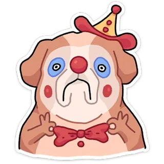 ⭐ clown, chien, triste, nœud papillon, chapeau de fête, mignon, dessin animé telegram sticker