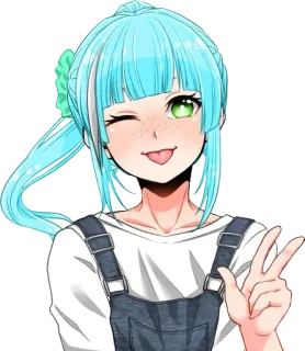 😜 fille anime, signe de paix, mignon, cheveux bleus, clin d'oeil, yeux verts telegram sticker