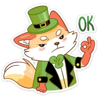 👌 OK лиса, клевер, зеленый, лепрекон, ок, мультфильм whatsapp sticker