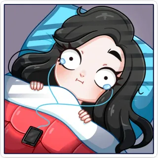 😭 만화, 여자, 침대, 이어폰, 수면, 휴식 telegram sticker