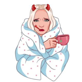 🤒 chory, źle się czuję, przeziębienie, diabeł, rogi, herbata, koc, gorączka, termometr telegram sticker
