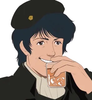 😁 anime, man, drinking, beret, cartoon, ice cubes, beverage telegram sticker