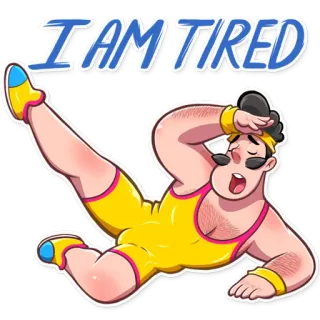 😩 I AM TIRED 피곤한, 지친, 땀 흘리는, 남자, 레슬링 선수, 만화 telegram sticker