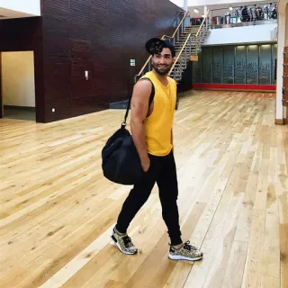 🌀 man, fitness, gym, yellow tank top, indoors, athletic, walking telegram sticker
