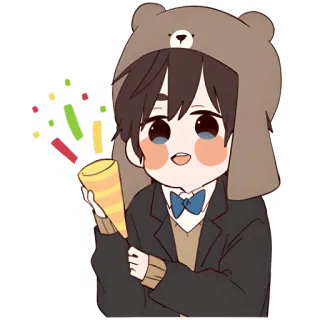 🥳 confetti, party, celebration, cartoon, bear hat, bow tie, cute, party popper telegram sticker