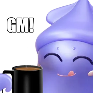 ☕️ GM! bom dia, café, saudação, criatura roxa whatsapp sticker