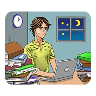 🎟 stressato, studente, studio, laptop, libri, stanco, notte, luna telegram sticker