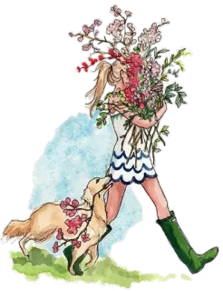 😁 mulher, cachorro, flores, natureza, primavera, caprichoso, aquarela whatsapp sticker