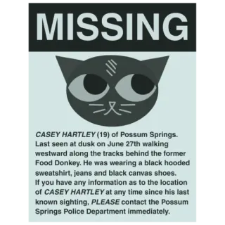 👀 Casey Hartley MISSING
CASEY HARTLEY (19) of Possum Springs.
Last seen at dusk on June 27th walking
westward along the tracks behind the former
Food Donkey. He was wearing a black hooded
sweatshirt, jeans and black canvas shoes.
If you have any information as to the location
of CASEY HARTLEY at any time since his last
known sighting, PLEASE contact the Possum
Springs Police Department immediately. pessoa desaparecida, Night in the Woods, gato de desenho animado, Possum Springs, polícia whatsapp sticker