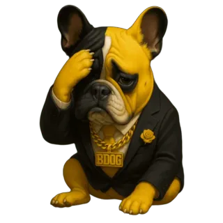 😔 BDOG Hund, Französische Bulldogge, Anzug, Gold, Traurig, Tier, Haustier telegram sticker