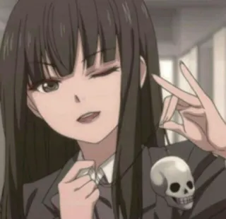 💀 anime, girl, skull, necklace, wink, peace sign telegram sticker