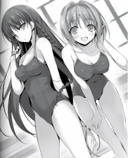 🤔 Anime, Trajes de baño, Chicas, Ilustración, Monocromo, Obra de arte telegram sticker