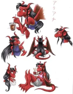 😷 アリアナ демон, женщина, мультфильм, аниме, напиток, еда, крылья, рога telegram sticker