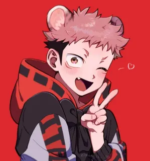 ✌️ Yuji Itadori Jujutsu Kaisen アニメ, 漫画, キャラクター, 可愛い, ピースサイン, ファンアート telegram sticker