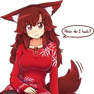 😜 How do I look? 애니메이션, 소녀, 여우, 귀여운, 빨간색, 질문 telegram sticker