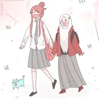 💬 HE Anime, Ragazze, Amicizia, Hijab, Camminare, Gatto, Uniforme scolastica whatsapp sticker